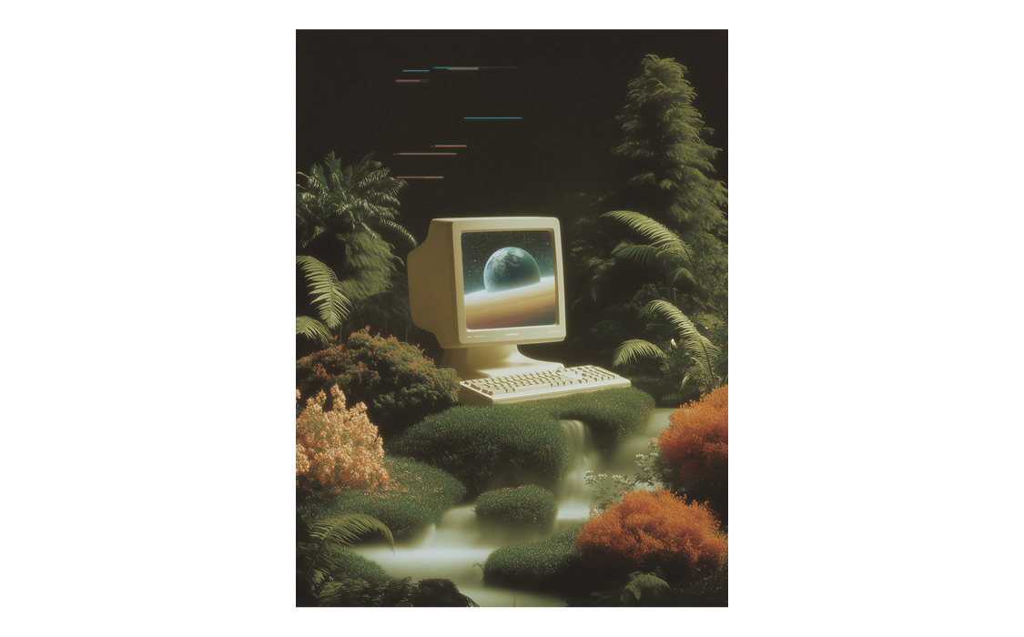 Immagine di un computer in mezzo a una foresta