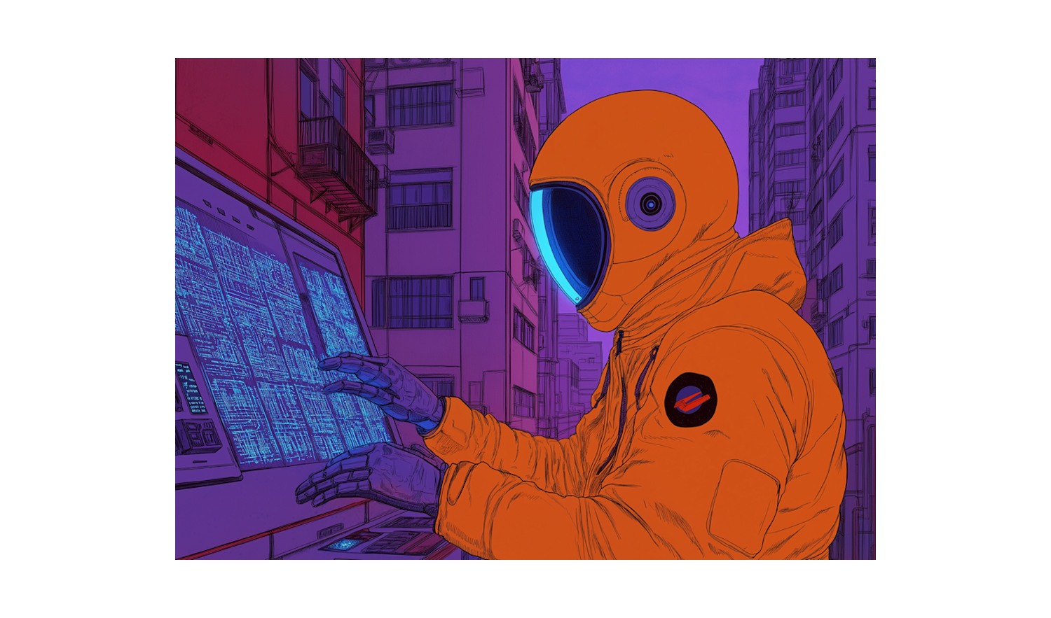 Illustrazione di un astronauta che lavora su display