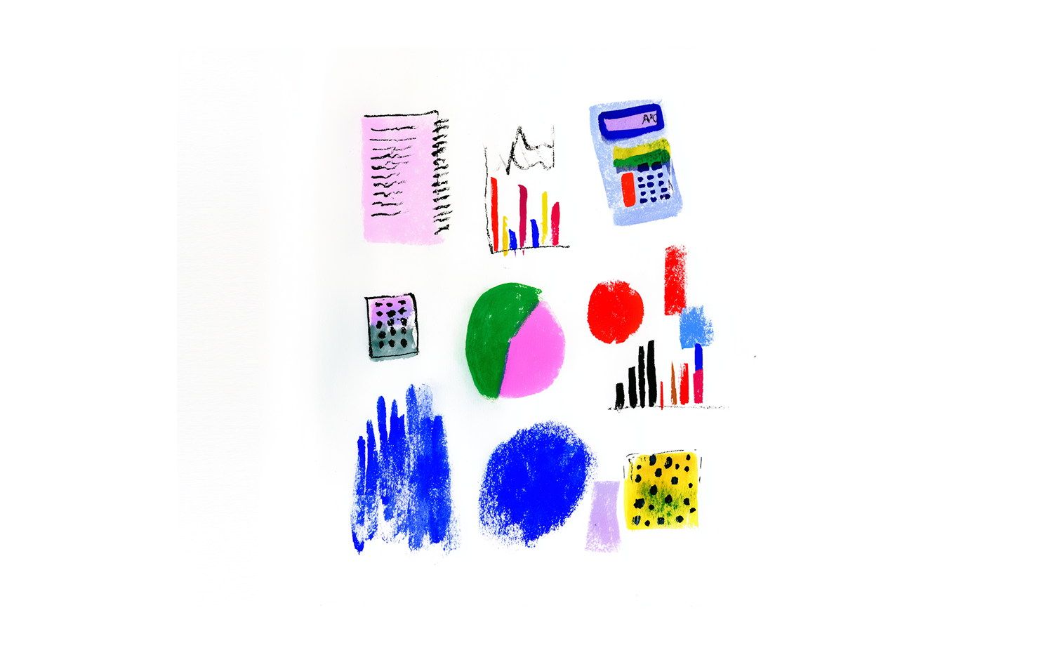 Illustrrazione di alcuni elementi grafici astratti, una calcolatrice, un blocco note e grafici