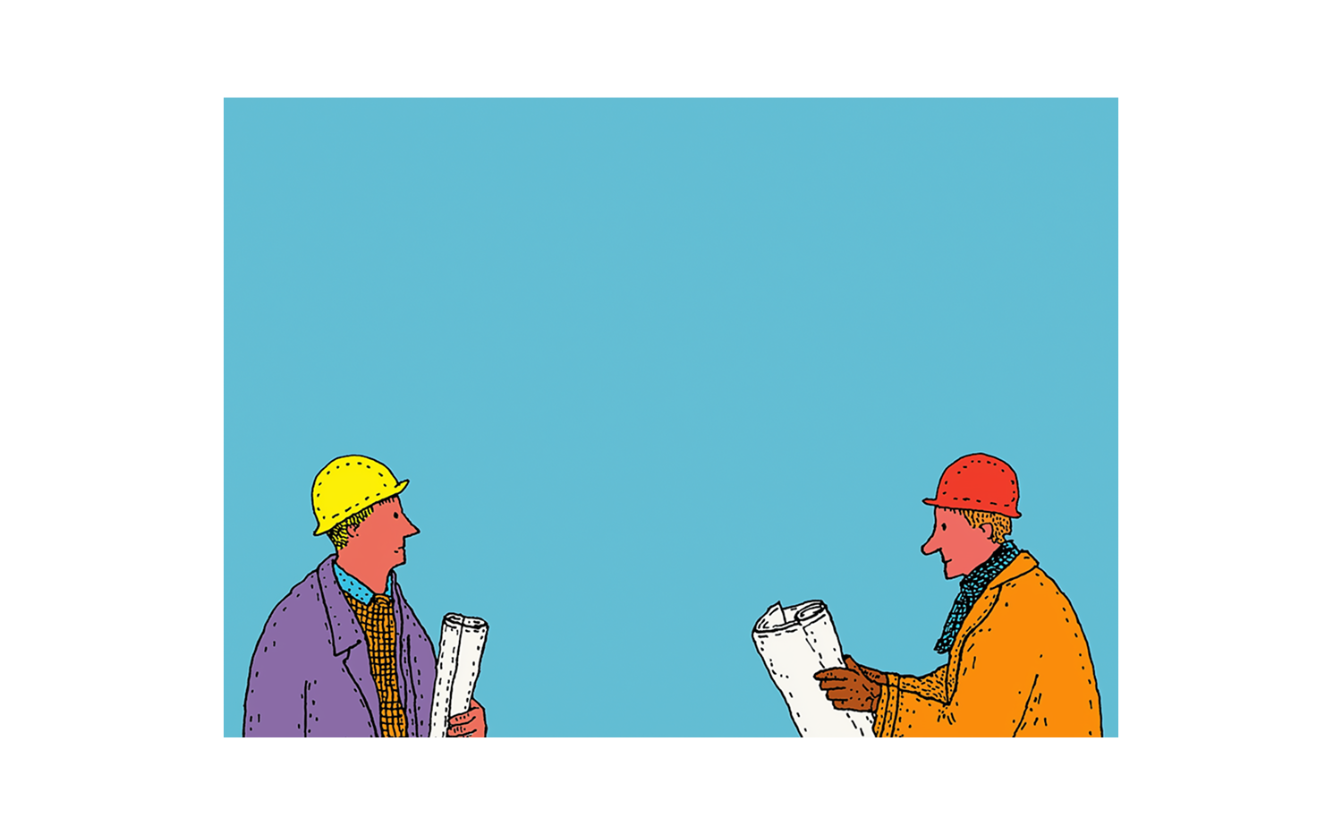 Illustrazione di due persone con casco anti-infortuni e dei disegni tecnici in mano