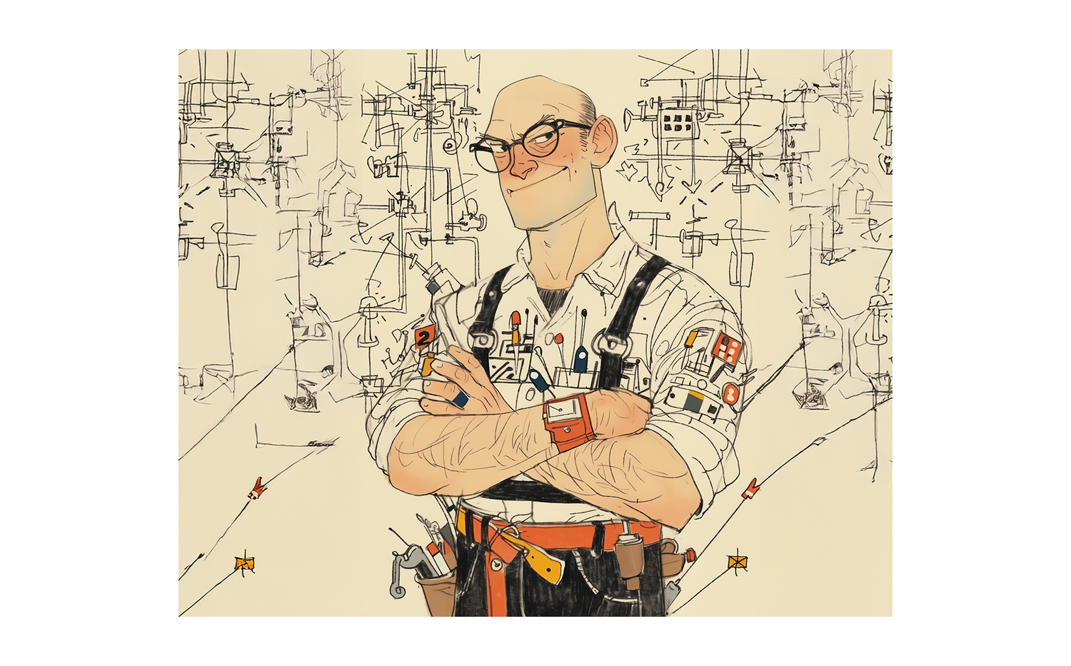 Illustrazione di un uomo con la tuta da lavoro e disegni tecnici sullo sfondo