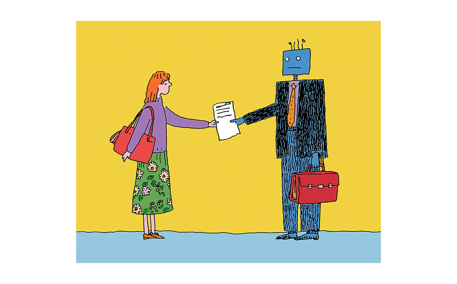 Illustrazione di una donna e di un robot, vestiti in abiti da lavoro, che si scambiano un documento cartaceo.