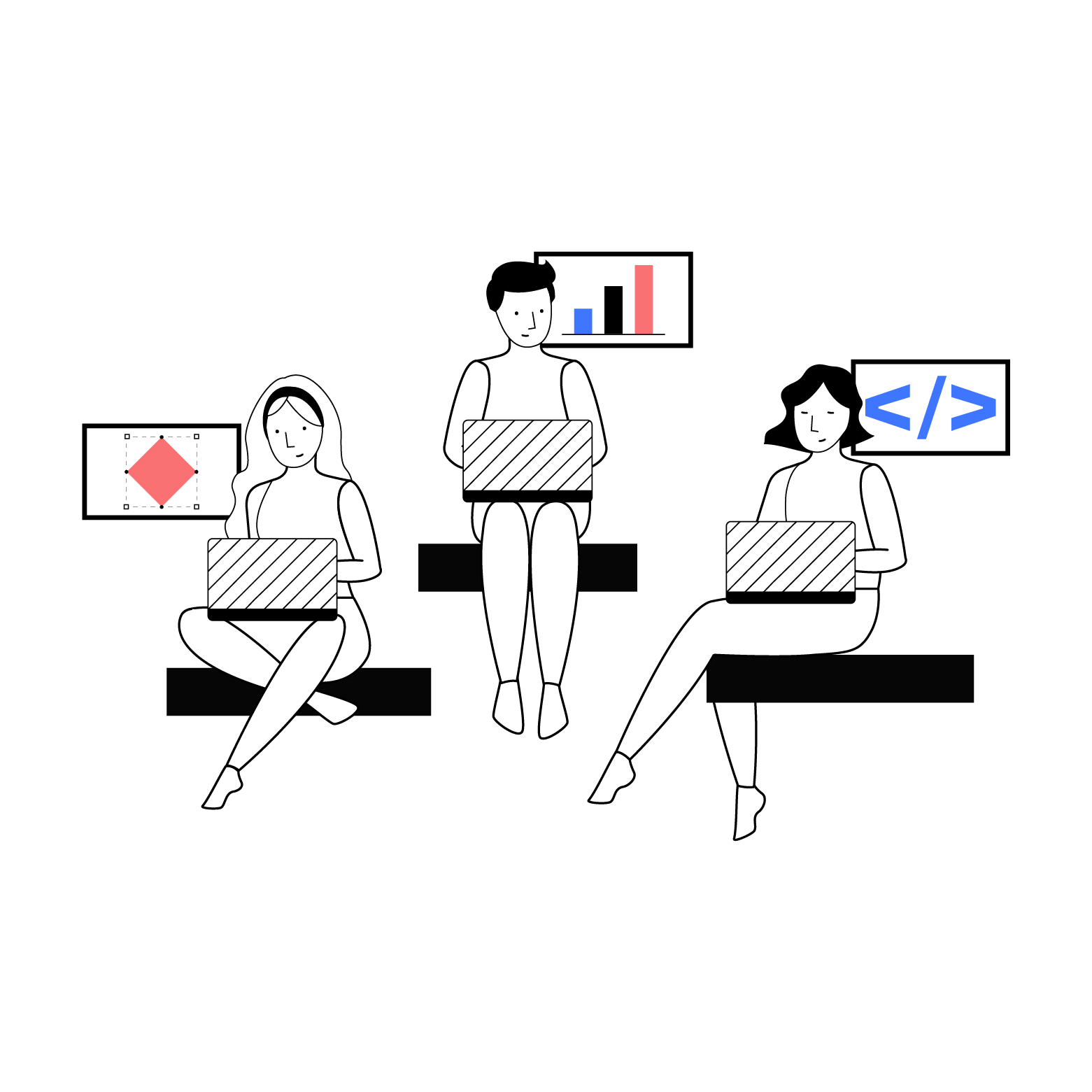 Illustrazione di tre persone sedute che stanno lavorando con il proprio portatile e rappresentano gli ambiti in cui lavoriamo: design, sviluppo e strategia.