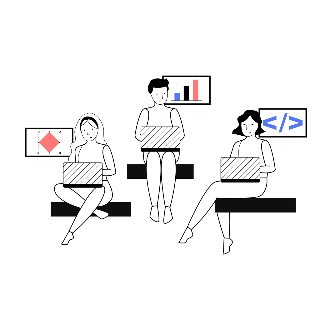 Tre persone che collaborano assieme in visual design, sviluppo business e sviluppo software.