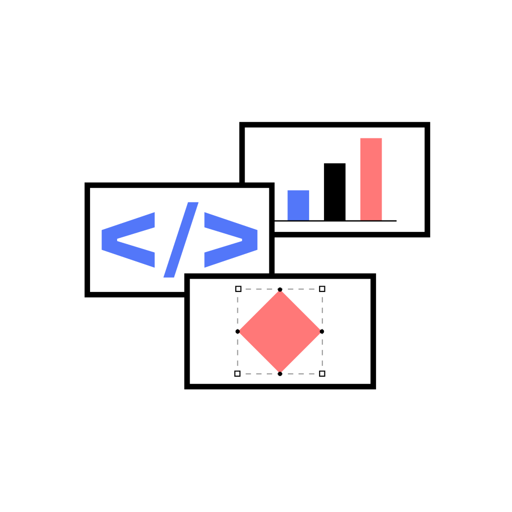 Simboli che rappresentano sviluppo business, sviluppo software e visual design.