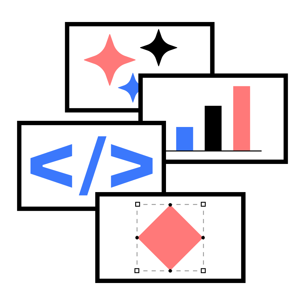 Simboli che rappresentano sviluppo business, sviluppo software e visual design.