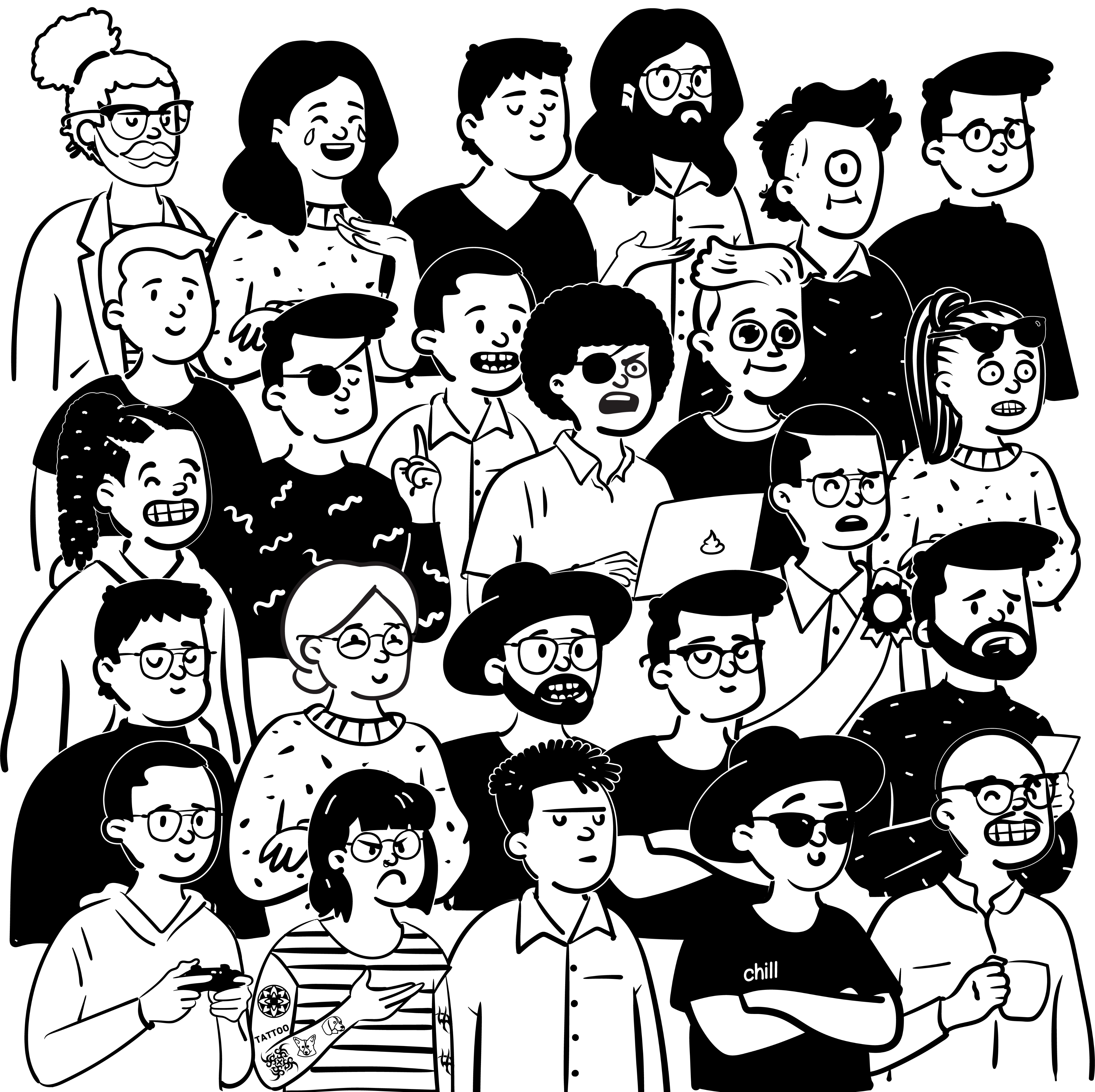 Disegni stilizzati dei componenti del team Moku