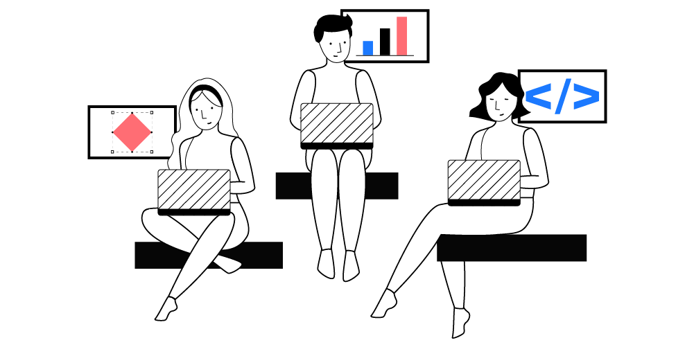 Illustrazione di tre persone sedute che stanno lavorando con il proprio portatile e rappresentano gli ambiti in cui lavoriamo: design, sviluppo e strategia.
