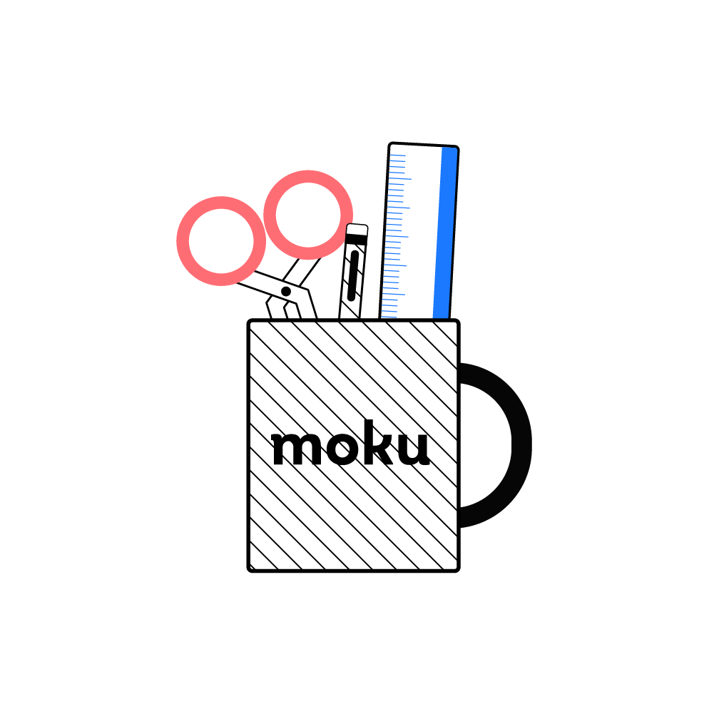 Illustrazione di un porta penne con logo moku