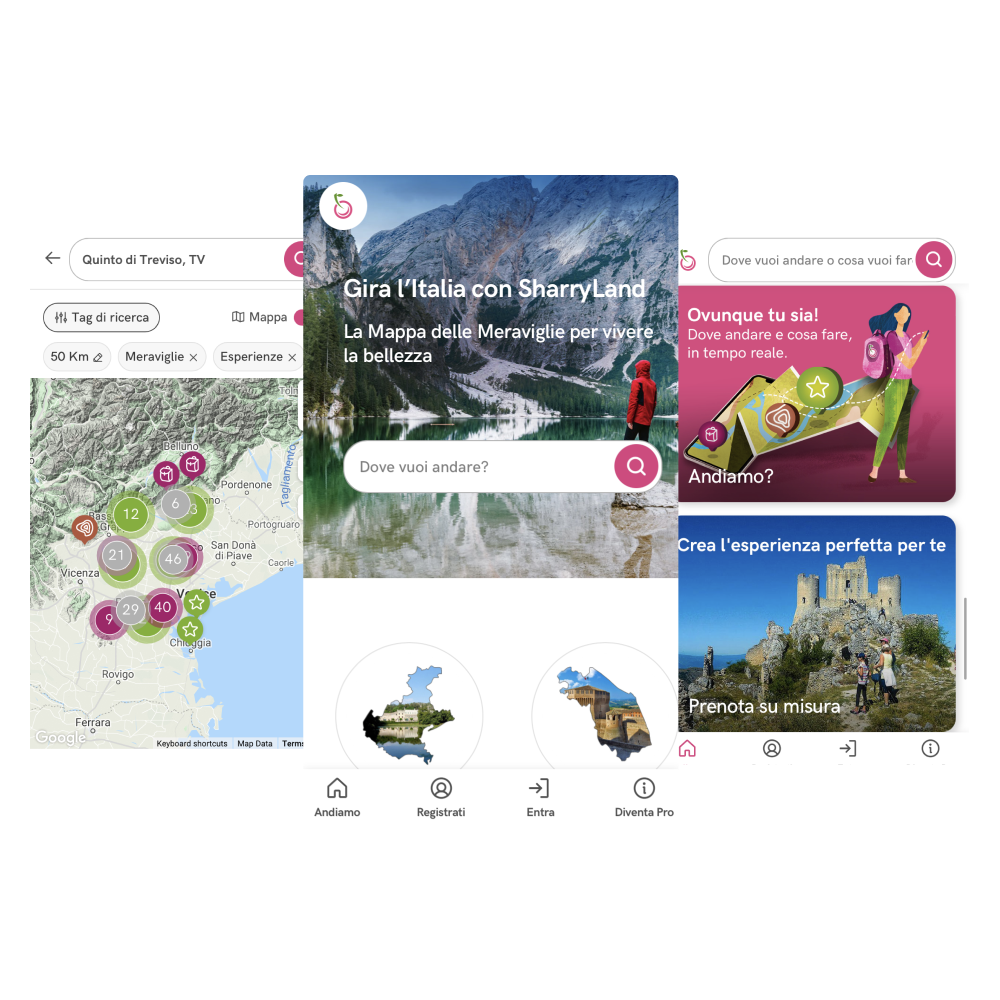 Screenshot dell'app Sharryland che mostrano le principali funzionalità.