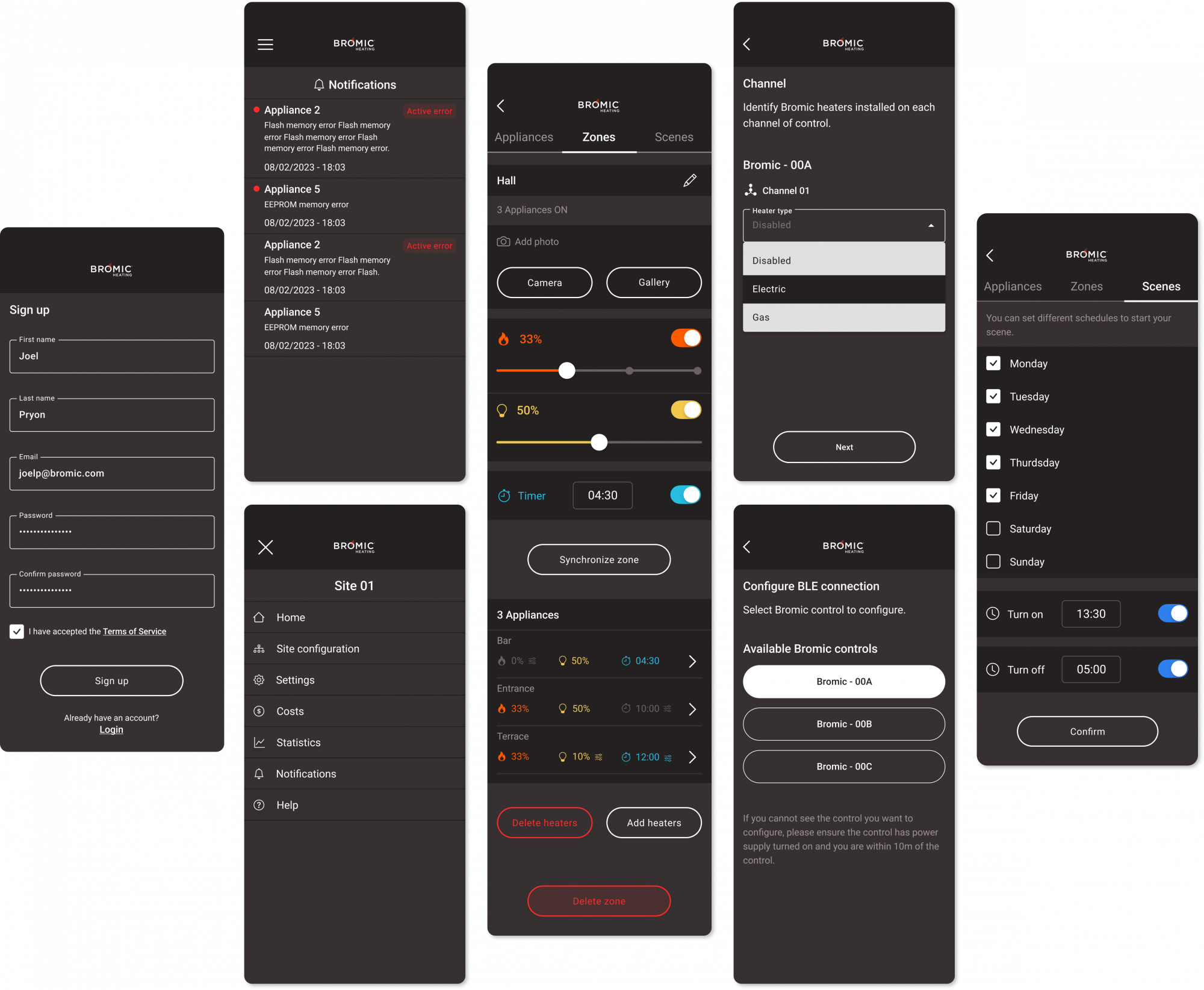 Schermate app mobile Bromic Heating