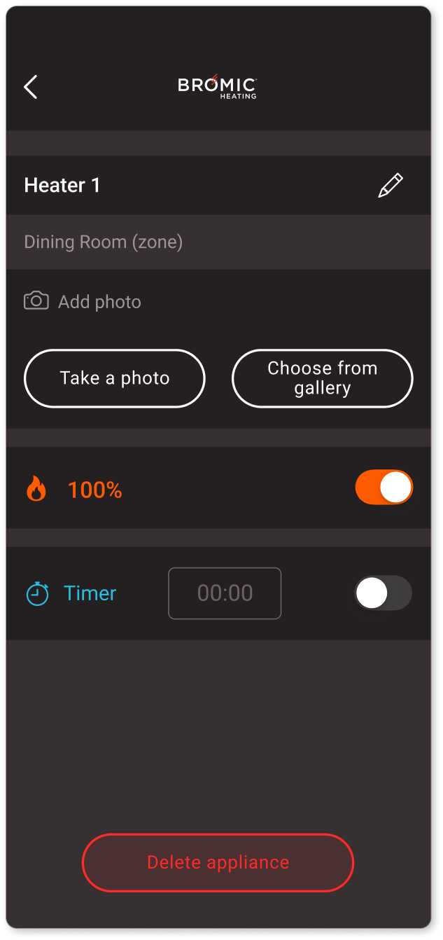 Schermata mobile di Bromic Heating per la configurazione di un riscaldatore