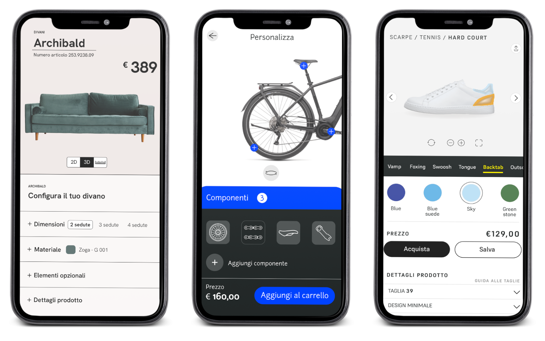 Schermate di utilizzo del configuratore 3D da app mobile.