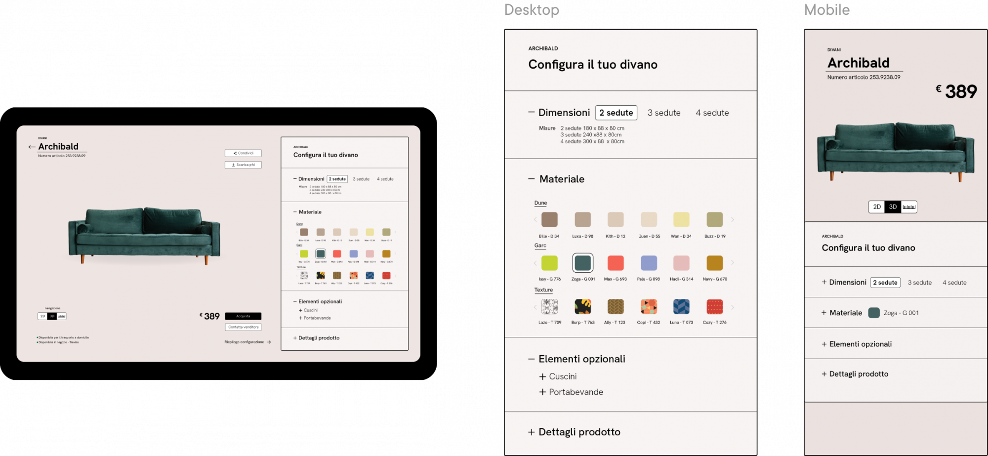 Schermate di utilizzo del configuratore 3D.