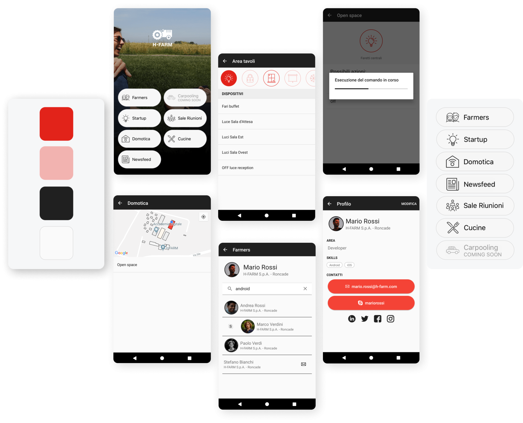 Schemate di uso app mobile H-Farm disposte a forma di cuore.