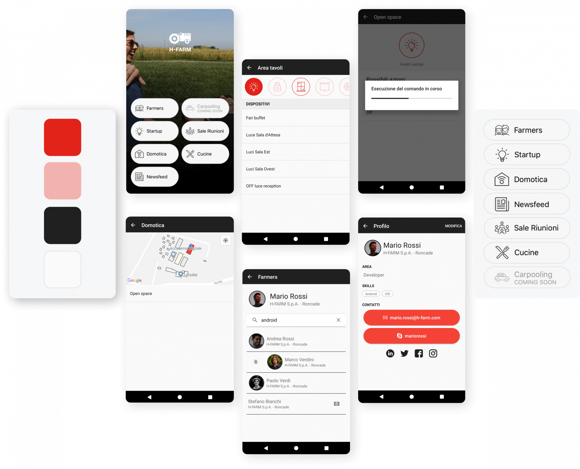 Schemate di uso app mobile H-Farm disposte a forma di cuore.