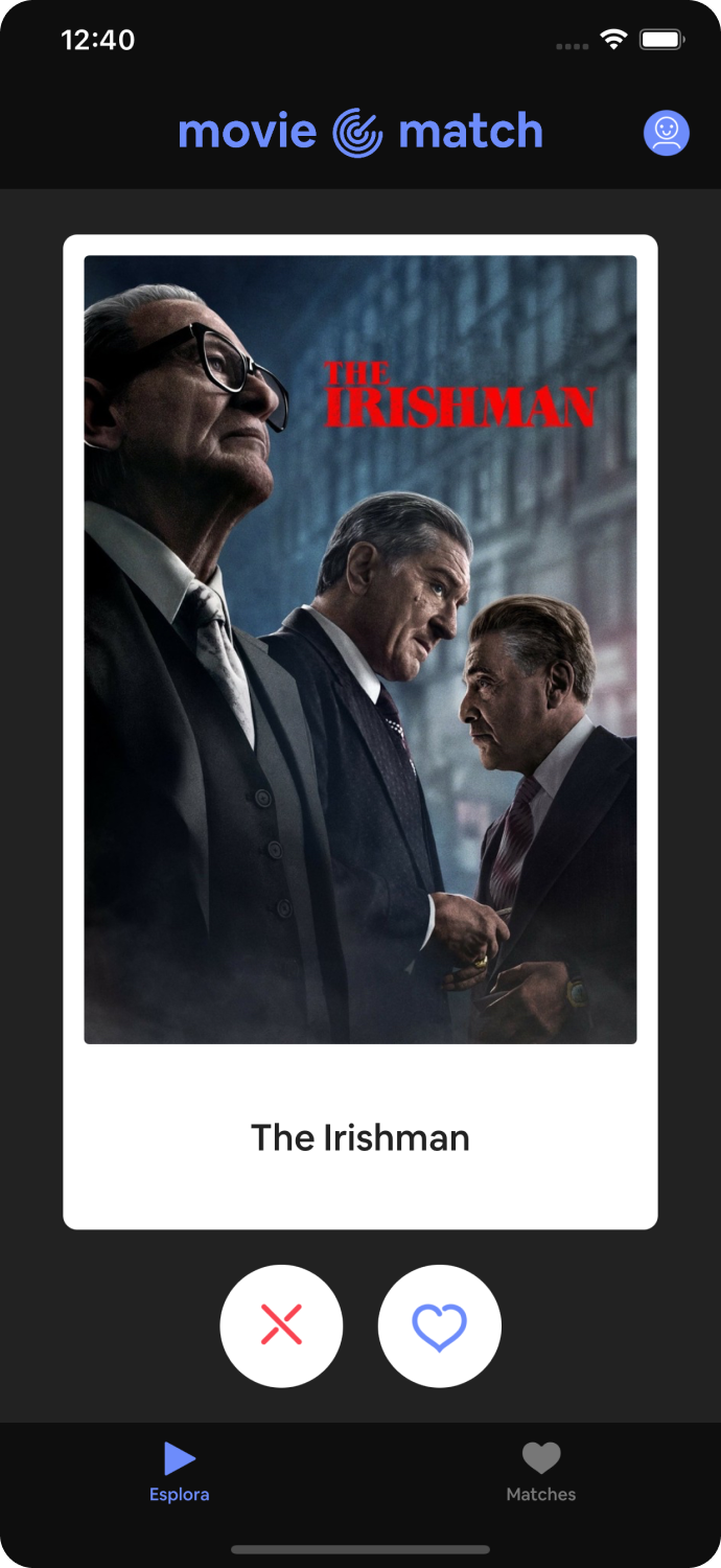 Schermata principale dell'app mobile di Movie Match.