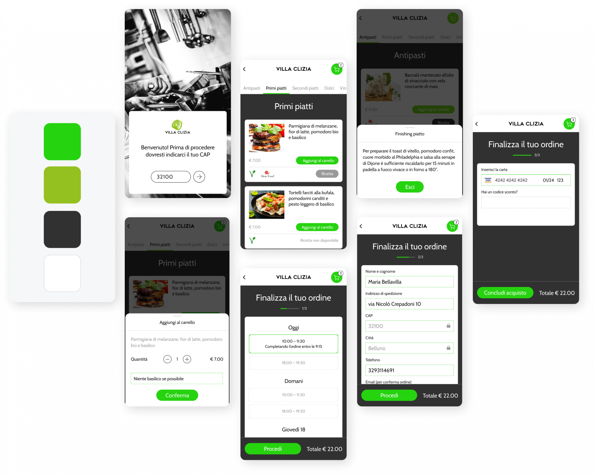 Schemate di utilizzo app mobile Villa Clizia disposte a forma di cuore.